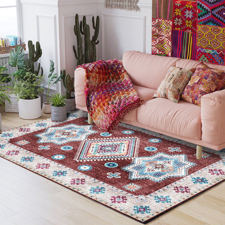 BowLift | Washed Medallion Pattern Rug Red Moroccan Rug Polyester Machine Washable Non-Slip Area Rug for Bedroom