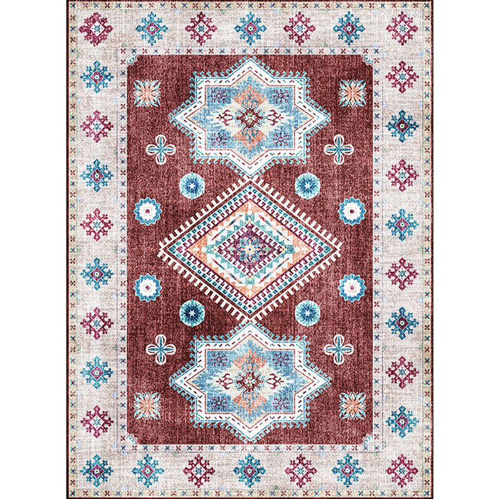 Whitewash Medallion Pattern Rug Red Moroccan Rug Polyester Machine Washable Non-Slip Rug for the Bedroom | Bowlift