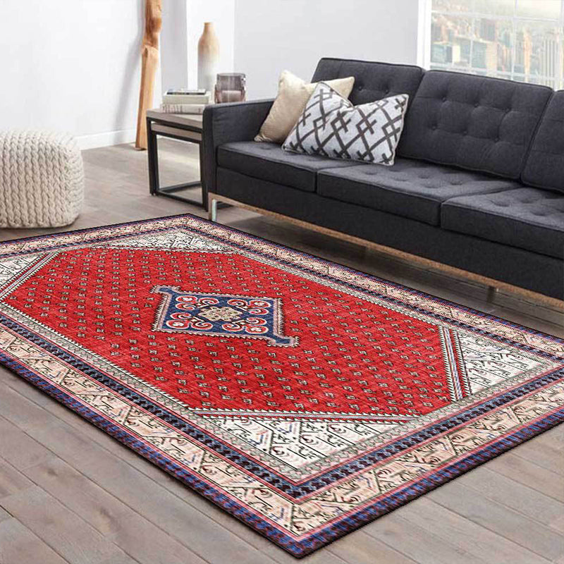 BowLift | Tribal Medallion Pattern Rug Red Mediterranean Rug Polyester Machine Washable Non-Slip Rug for the Bedroom