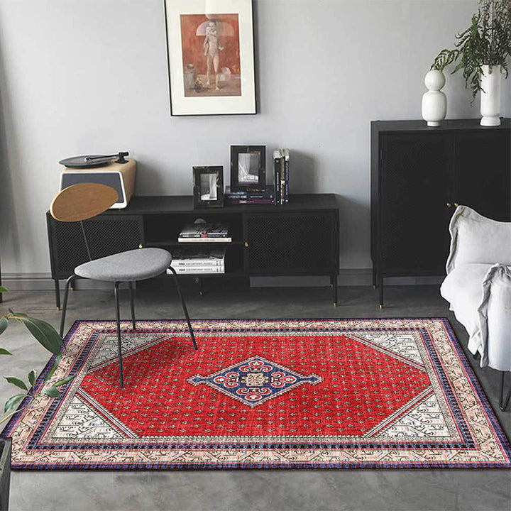 BowLift | Tribal Medallion Pattern Rug Red Mediterranean Rug Polyester Machine Washable Non-Slip Rug for the Bedroom