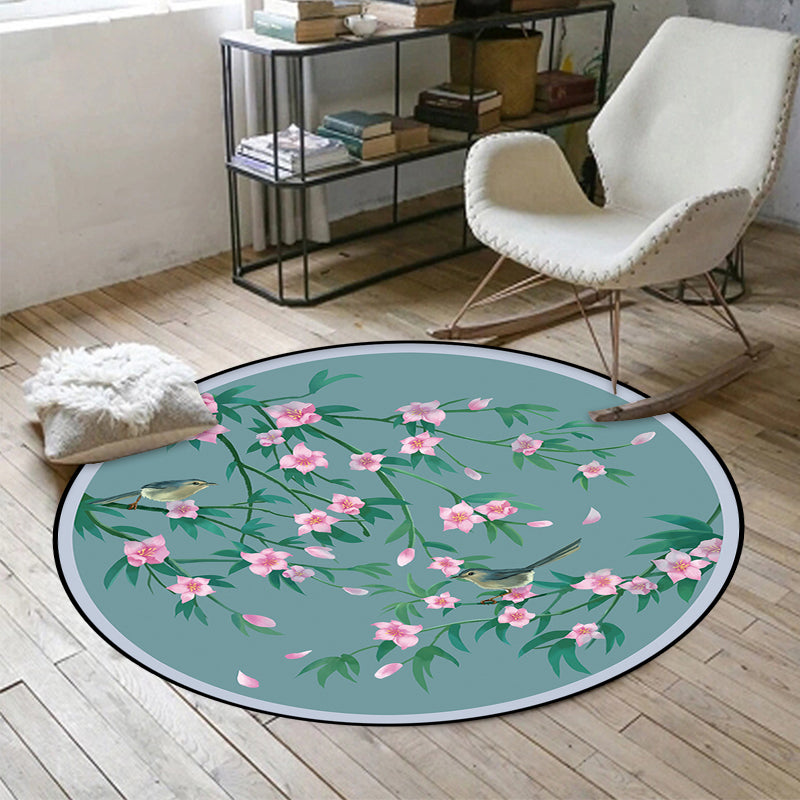 BowLift | Retro Floral Pattern rug with bird and leaf Blue Oriental rug Polyester Washable Non-slip backing rug for living room