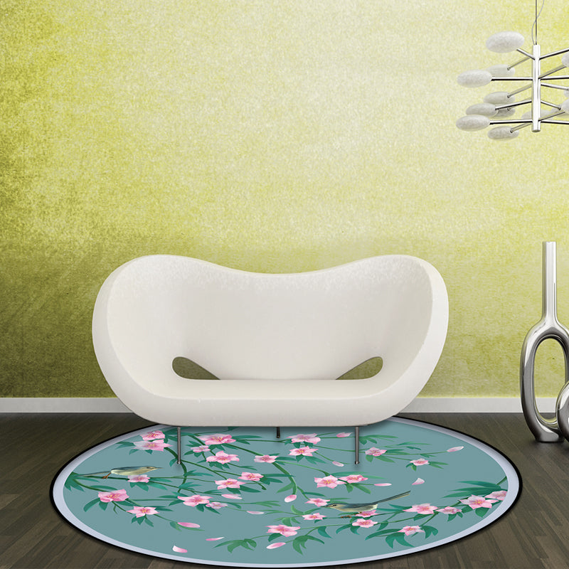 BowLift | Retro Floral Pattern rug with bird and leaf Blue Oriental rug Polyester Washable Non-slip backing rug for living room