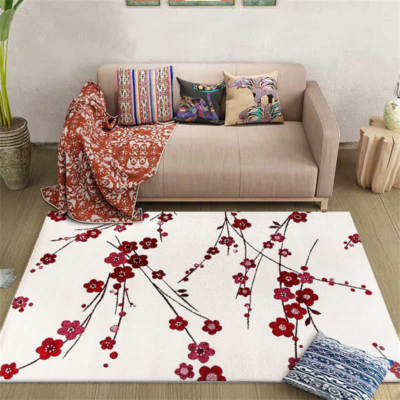 BowLift | Vintage Floral Pattern Rug Beige and Red Polyester Rug Machine Washable Non-Slip Rug for the Living Room