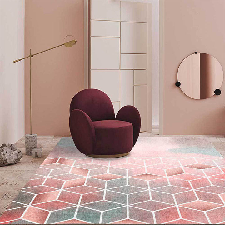 Pink geometric pattern rug Pink polyester rug machine washable non-slip rug for the bedroom | Bowlift