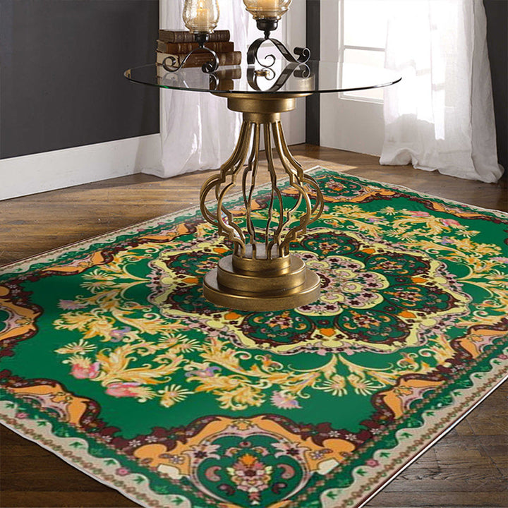 BowLift | Moroccan Medallion Pattern Carpet with Flower Theme Green Polyester Carpet Machine Washable Non-Slip Area Rug for the Living Room