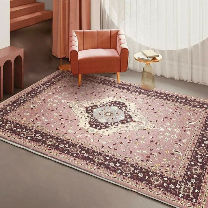 Pink Mediterranean Carpet Polyester Medallion and Floral Print Carpet Washable Non-Slip Back Carpet for Living Room | Bowlift