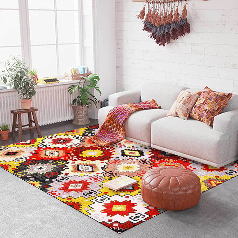 Red Multicolored Mediterranean Carpet Polyester Tiles Print Carpet Washable Non-Slip Back Carpet for the Living Room | Bowlift