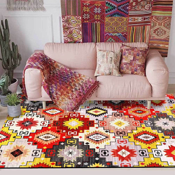 BowLift | Red Multicolor Mediterranean Carpet Polyester Tiles Printed Rug Washable Non-Slip Back Carpet for Living Room
