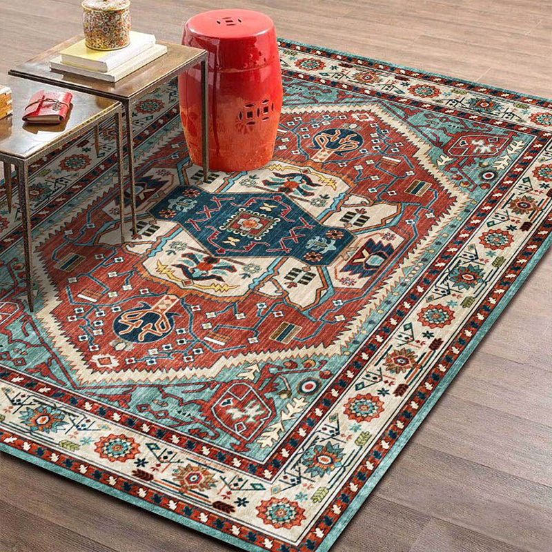 Vintage medallion pattern rug red and green polyester rug machine washable non-slip rug for the living room | Bowlift