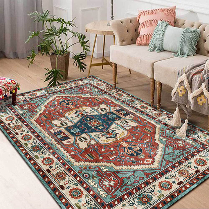 BowLift | Vintage Medallion Pattern Rug Red and Green Polyester Rug Machine Washable Non-Slip Area Rug for the Living Room