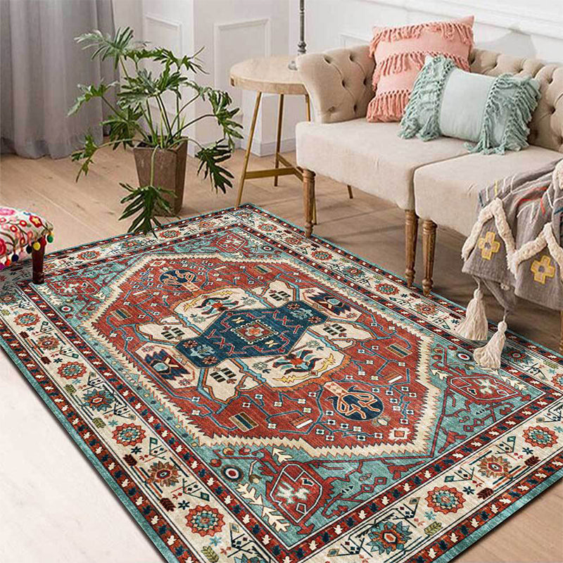 Vintage medallion pattern rug red and green polyester rug machine washable non-slip rug for the living room | Bowlift