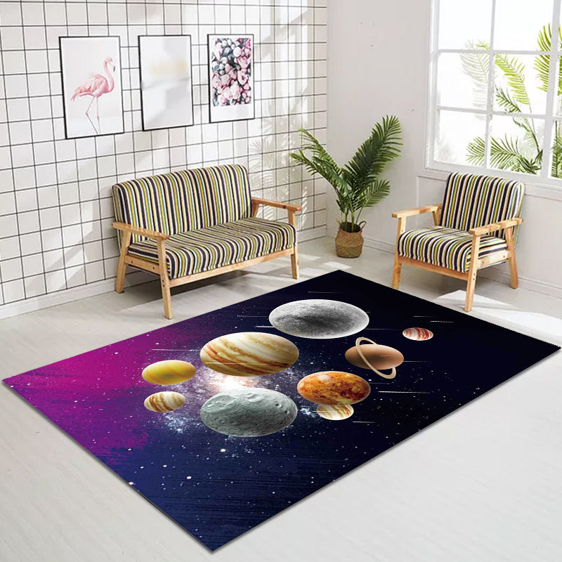 BowLift | Kids' Bedroom Rug in Black and Purple Space Galaxy Planet Print Rug Polyester Machine Washable Rug