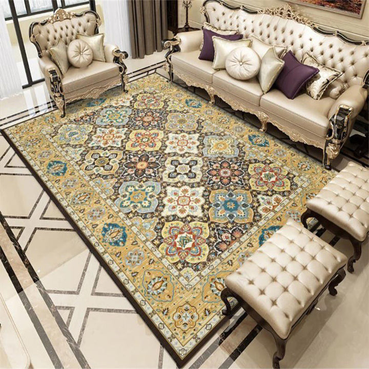 Stylish tribal pattern rug with floral yellow vintage rug made of polyester washable non-slip backing rug for bedroom | Bowlift