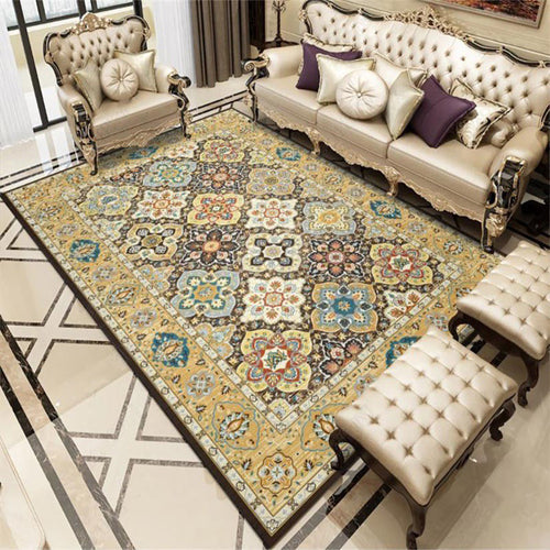 BowLift | Stylish Tribal Pattern Carpet with Flowers Yellow Vintage Carpet Polyester Washable Non-Slip Back Bedroom Rug
