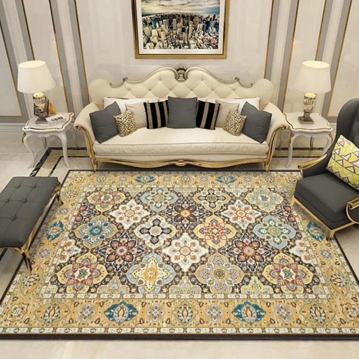 Stylish tribal pattern rug with floral yellow vintage rug made of polyester washable non-slip backing rug for bedroom | Bowlift