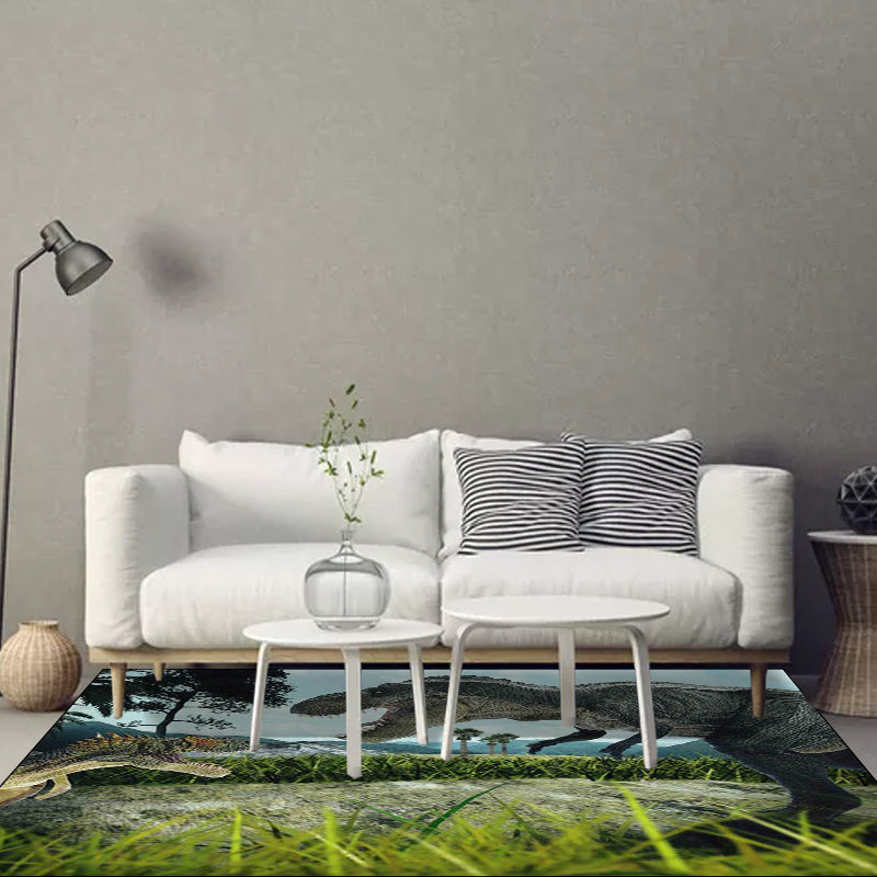 Green contemporary carpet polyester dinosaur and grass pattern carpet washable non-slip backing carpet for living room | Bowlift