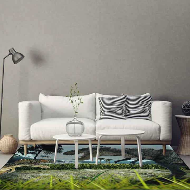 Green contemporary carpet polyester dinosaur and grass pattern carpet washable non-slip backing carpet for living room | Bowlift