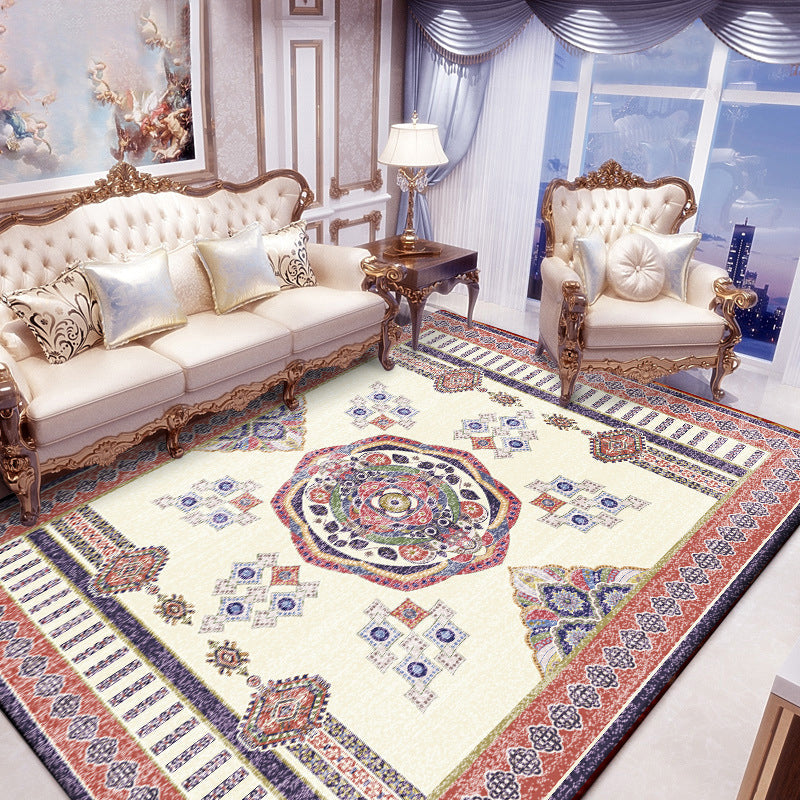 BowLift | Beige and Red Vintage Carpet Polyester Medallion Pattern Carpet Washable Non-Slip Underlay Carpet for Living Room