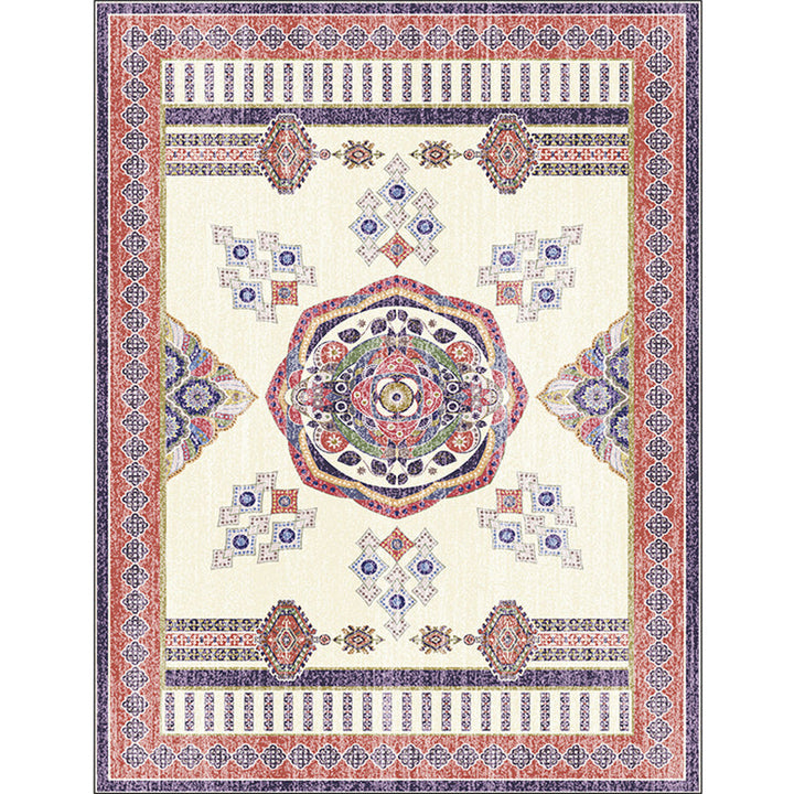 Beige and Red Vintage Carpet Polyester Medallion Pattern Carpet Washable Non-Slip Backing Carpet for Living Room | Bowlift
