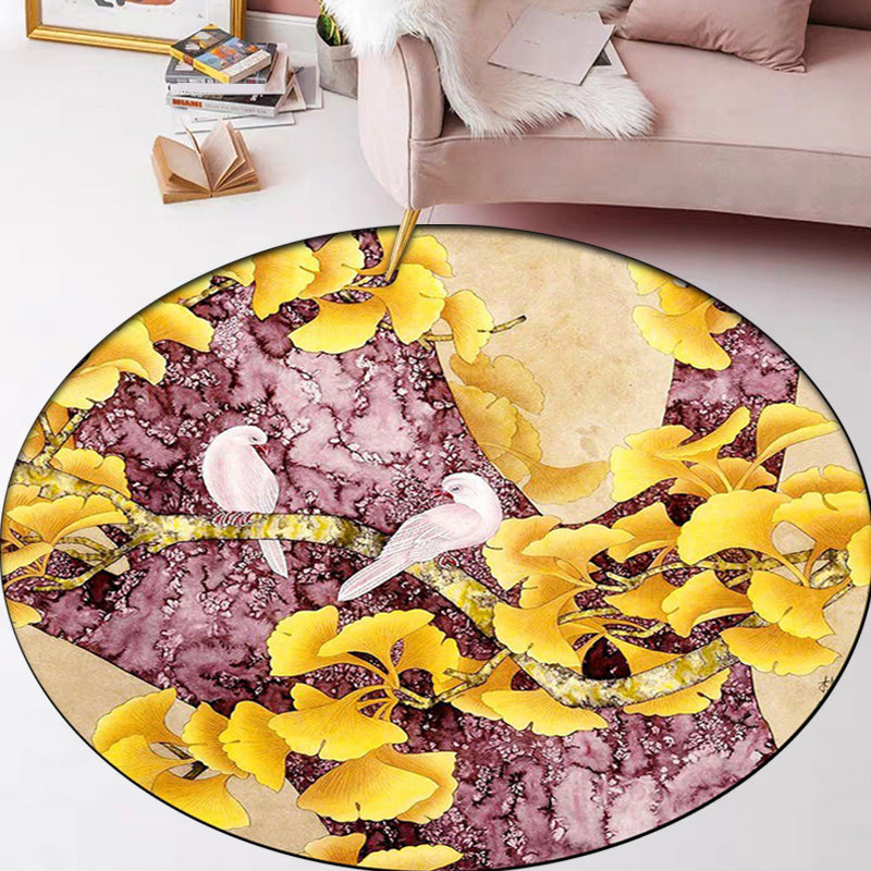 BowLift | Retro Apricot Leaf Pattern Rug with Bird Yellow and Pink Traditional Rug Polyester Washable Non-Slip Back Rug for the Bedroom