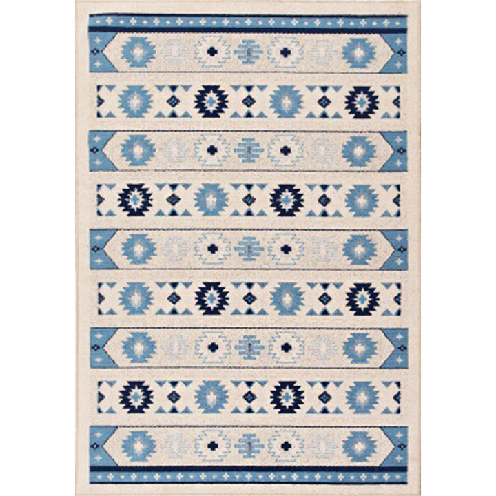 BowLift | Blue and brown tribal rug striped polyester and tribal pattern rug washable non-slip backing rug for living room