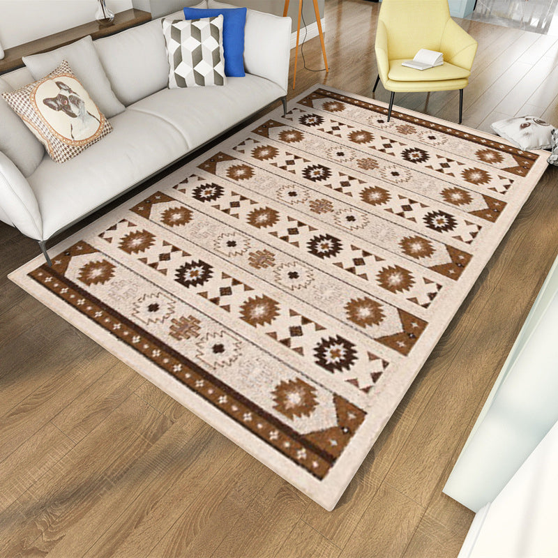BowLift | Blue and brown tribal rug striped polyester and tribal pattern rug washable non-slip backing rug for living room