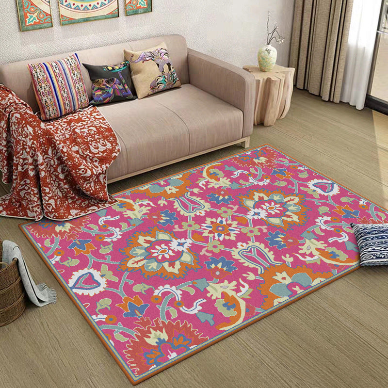 BowLift | Mediterranean Flower Pattern Carpet Pink Polyester Carpet Machine Washable Non-Slip Area Rug for Living Room