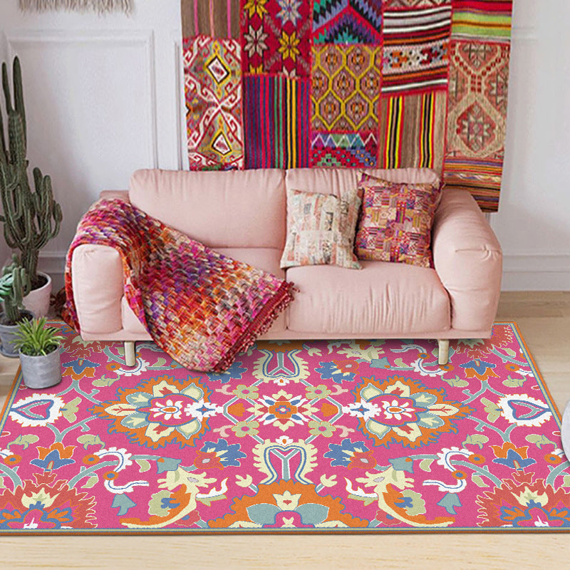 BowLift | Mediterranean Flower Pattern Carpet Pink Polyester Carpet Machine Washable Non-Slip Area Rug for Living Room