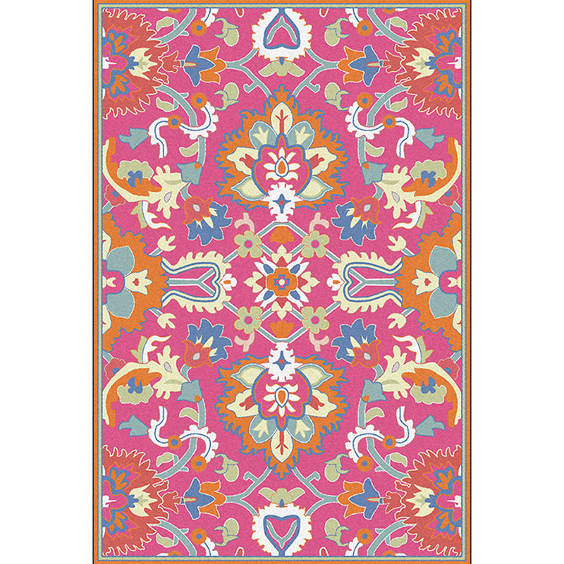 BowLift | Mediterranean Flower Pattern Carpet Pink Polyester Carpet Machine Washable Non-Slip Area Rug for Living Room