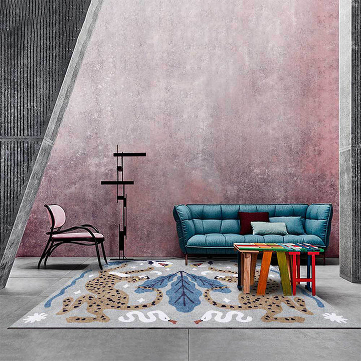 Stylish animal pattern rug gray and blue Nordic rug polyester washable non-slip back rug for the living room | Bowlift