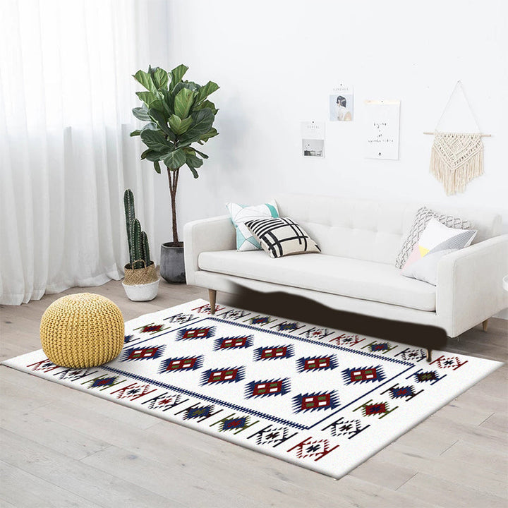 BowLift | Simple Tribal Pattern Rug White Vintage Rug Polyester Washable Non-Slip Back Rug for Bedroom