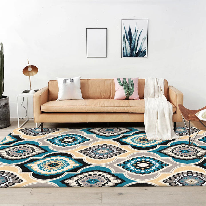 BowLift | Classic Floral Pattern Rug Blue Vintage Rug Polyester Washable Non-Slip Mat Rug for Bedroom