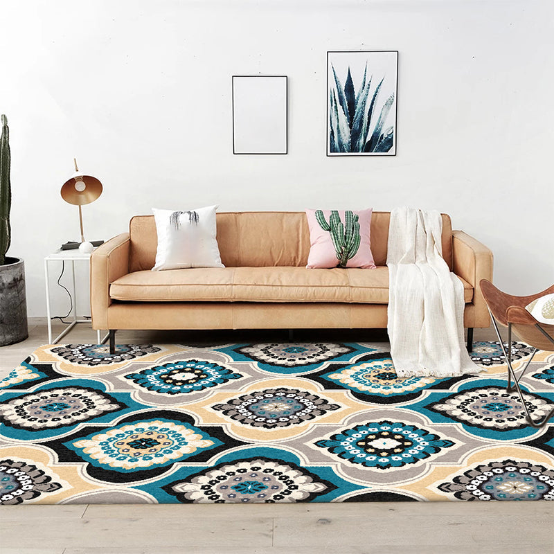 Classic Floral Design Rug Blue Vintage Rug Polyester Washable Non-Slip Back Rug for Bedroom | Bowlift