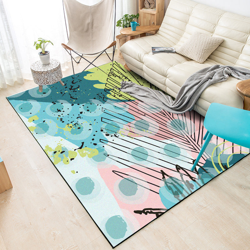 Green and Pink Modern Carpet Polyester Leaf Pattern Carpet Washable Non-Slip Back Carpet for Living Room | Bowlift