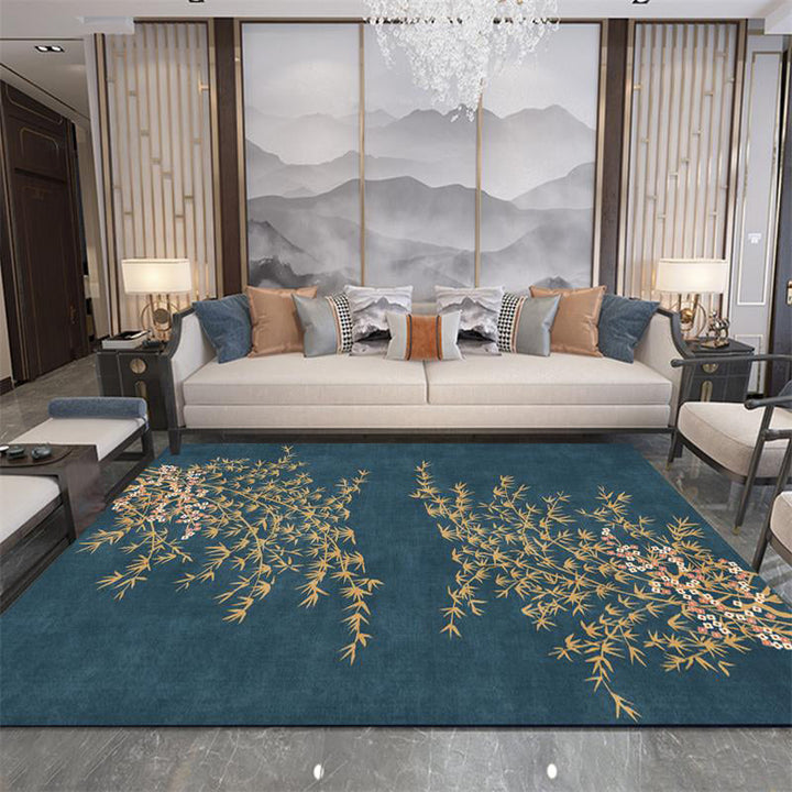 BowLift | Retro Leaf Pattern Rug Navy Oriental Rug Polyester Washable Non-Slip Back Rug for Bedroom