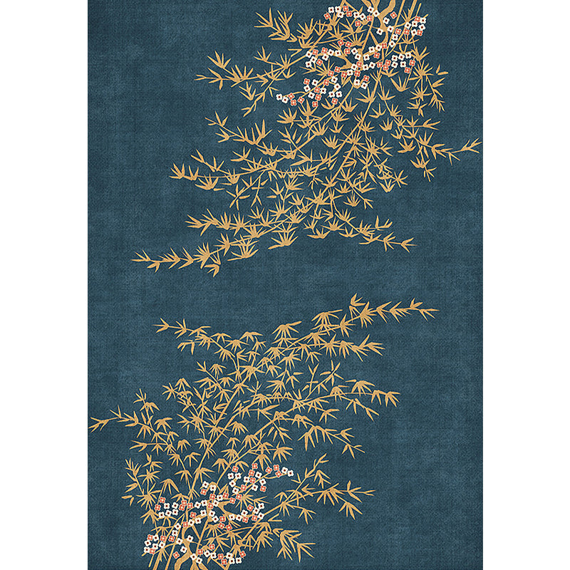 BowLift | Retro Leaf Pattern Rug Navy Oriental Rug Polyester Washable Non-Slip Back Rug for Bedroom