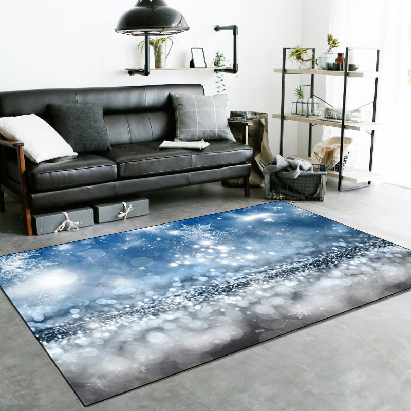 Modern living room rug in blue Sparkling snowflake print rug Polyester Non-slip backing Washable rug | Bowlift