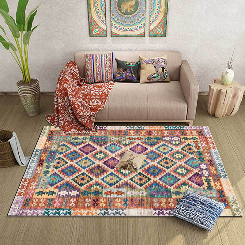Yellow Persian Carpet Polyester Geometric and Plaid Pattern Carpet Washable Non-slip Bottom Carpet for the Living Room | Bowlift