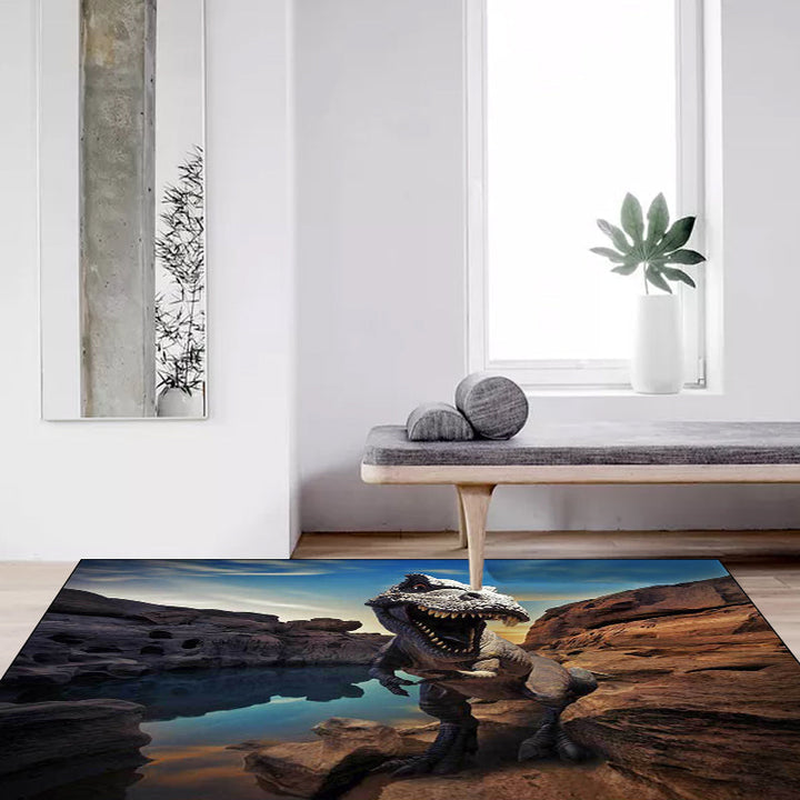 Stylish dinosaur pattern rug brown and blue simple rug polyester washable non-slip backing rug for the living room | Bowlift