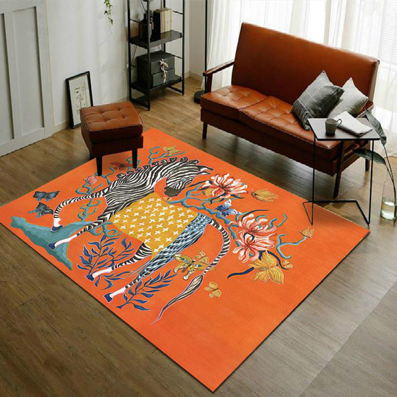 Casual zebra pattern rug with floral orange polyester rug, machine washable, non-slip rug for the bedroom | Bowlift