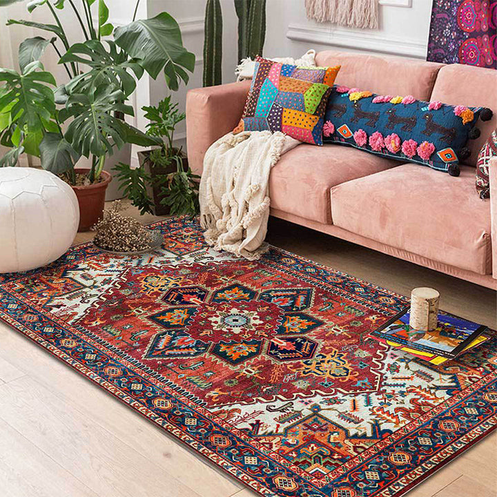 Retro medallion pattern carpet Red Persian rug Polyester machine washable non-slip rug for the bedroom | Bowlift