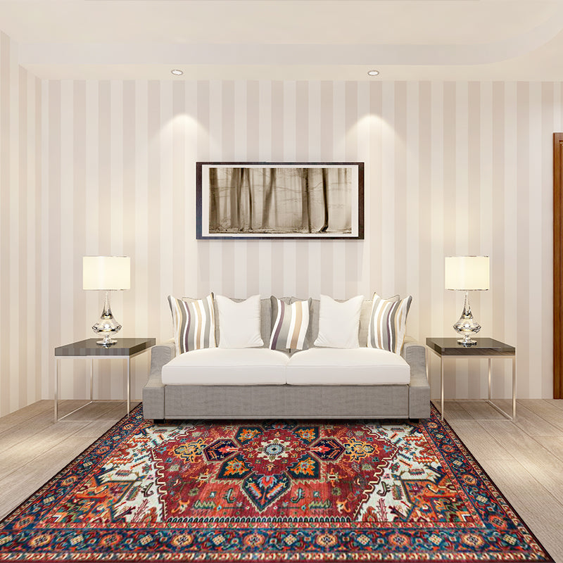 BowLift | Retro Medallion Pattern Carpet Red Persian Carpet Polyester Machine Washable Non-Slip Area Rug for Bedroom