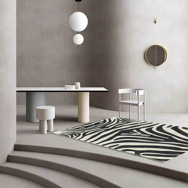 Contemporary Zebra Stripe Rug Black and White Polyester Rug Machine Washable Non-Slip Rug for the Bedroom | Bowlift