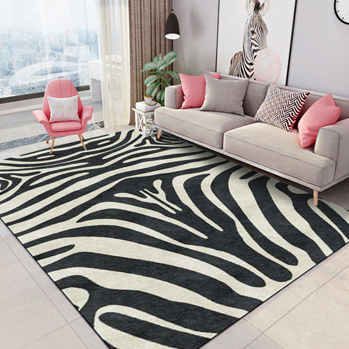 Contemporary Zebra Stripe Rug Black and White Polyester Rug Machine Washable Non-Slip Rug for the Bedroom | Bowlift