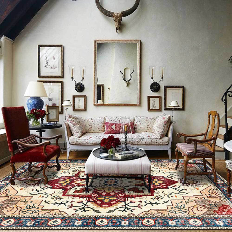 Moroccan medallion print rug Light brown Polyester rug Machine washable Non-slip rug for the living room | Bowlift