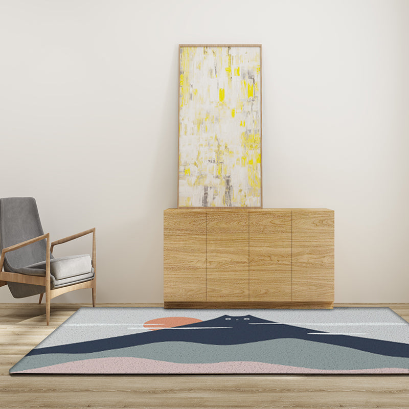 BowLift | Green and Gray Children's Mat Vinyl Cat Mountains Print Carpet Washable Nonslip Back Rug for Children's Room