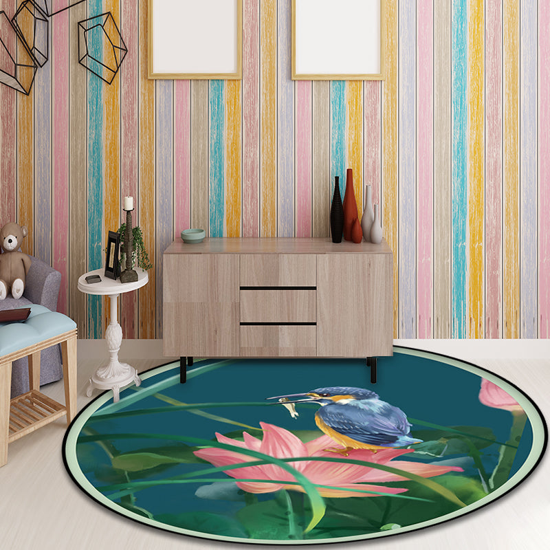 BowLift | Vintage Lotus Pattern Carpet with Bird and Leaf Green Polyester Carpet Machine Washable Non-Slip Area Rug for Living Room