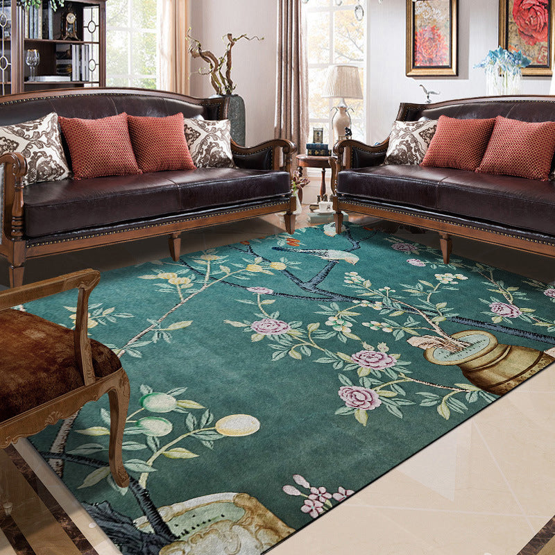 BowLift | Retro Leaf Pattern Carpet with floral and bird green Oriental carpet washable polyester non-slip underlay carpet for bedroom