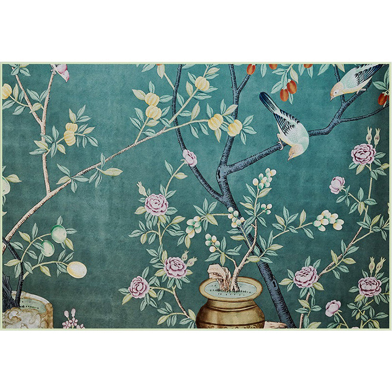 BowLift | Retro Leaf Pattern Carpet with floral and bird green Oriental carpet washable polyester non-slip underlay carpet for bedroom