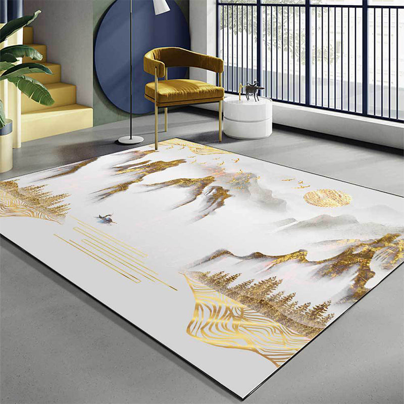 BowLift | Retro Mountain Pattern Carpet with Character and Bird Golden Eastern Carpet Polyester Washable Non-Slip Backing Area Rug for Living Room